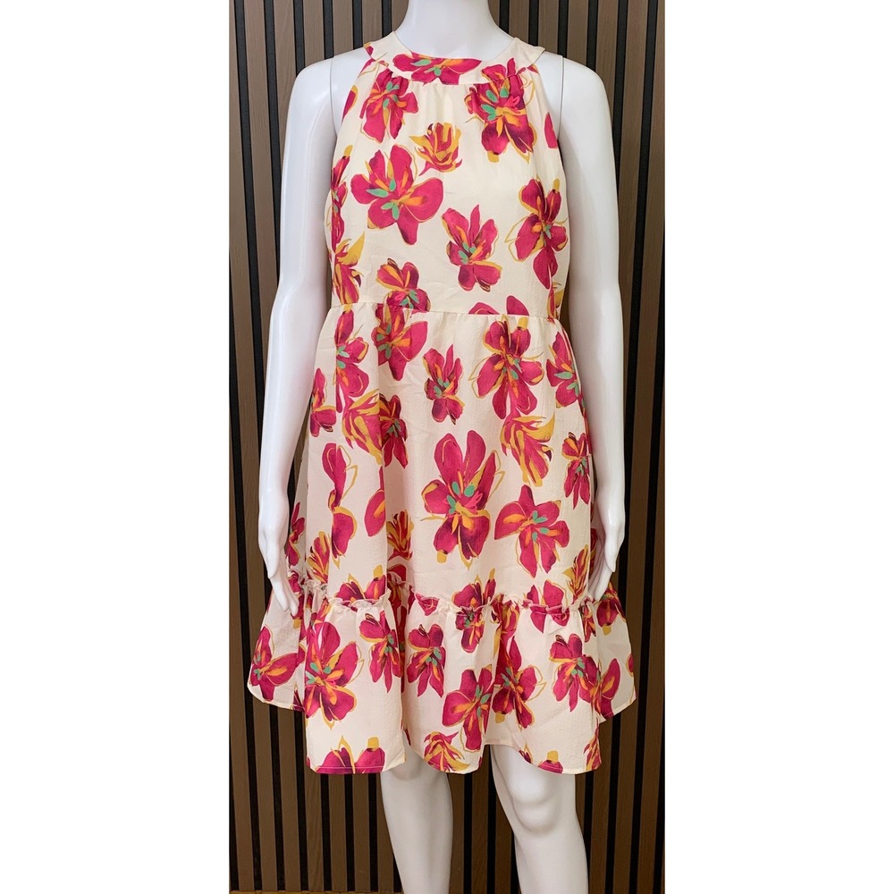 Anthroplogie THML Women's Floral Halter Mini Dress S Pink Cream Tiered Ruffle